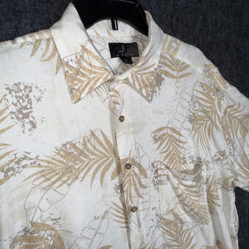 J Ferrar Mens Rayon Tropical‎ Button Down Shirt Hawaiian Botanical Large Beige